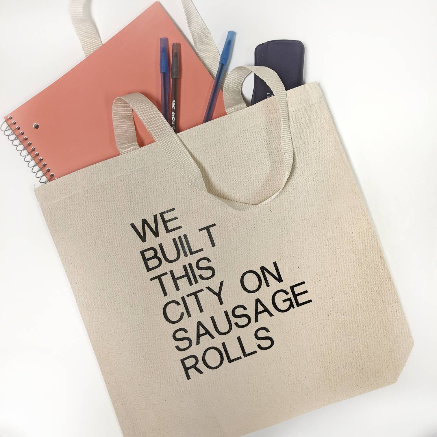 We Built This City On Sausage Rolls Tote Bag/Misheard Song Lyrics/Incorrect Lyrics/Popular Song Lyrics/Funny Lyrics/Canvas Tote Bag